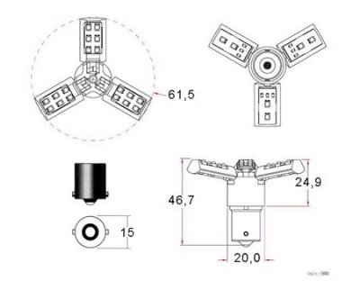 Diodlampa 12V 18xDiod 3-wing Röd BA15s