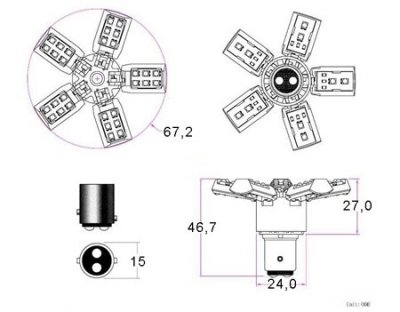 Diodlampa 12V 40xSMD 5-wing Röd BAY15d